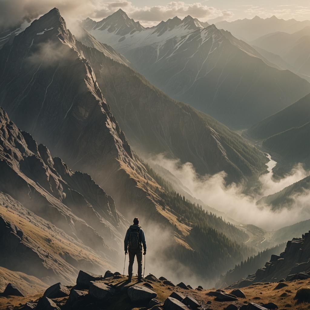 Ethereal Mountain Vista with Hiker in Cinematic Style