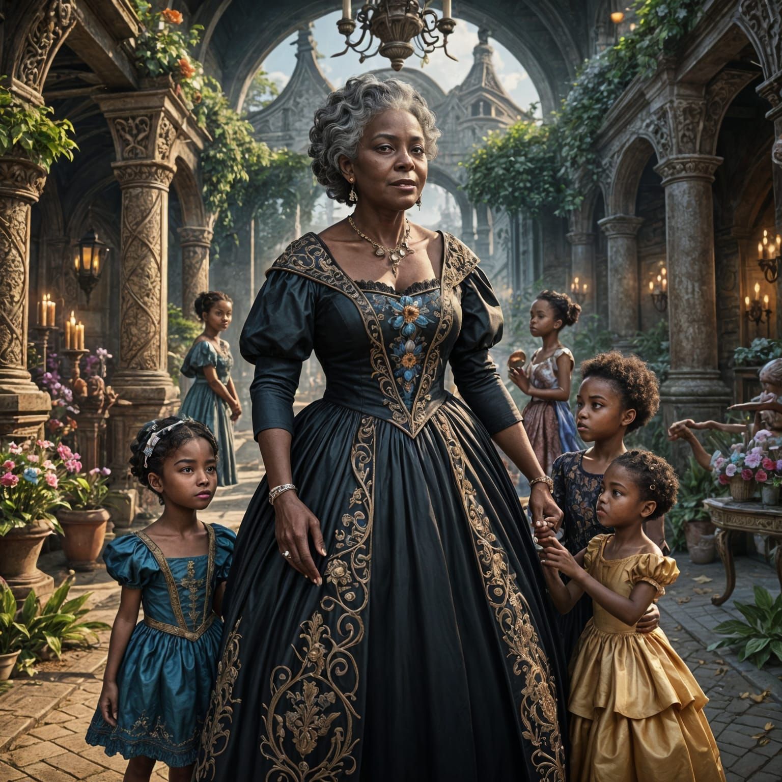 Elegant Grandmother with Grandchildren: Fantasy Concept Art