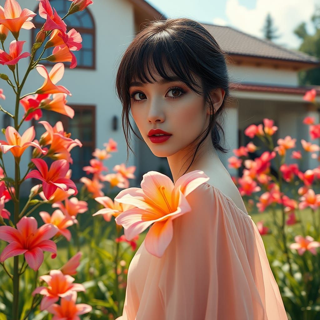 Beautiful Woman in Garden, Oil Painting Style