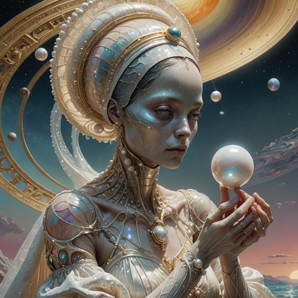 Alien Maid Cleans Saturn: Surreal Digital Art