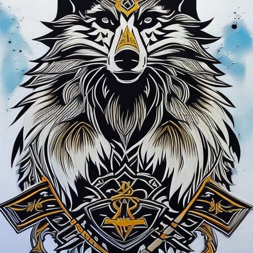 Anthro Wolf Viking Warrior Line Art Graffiti