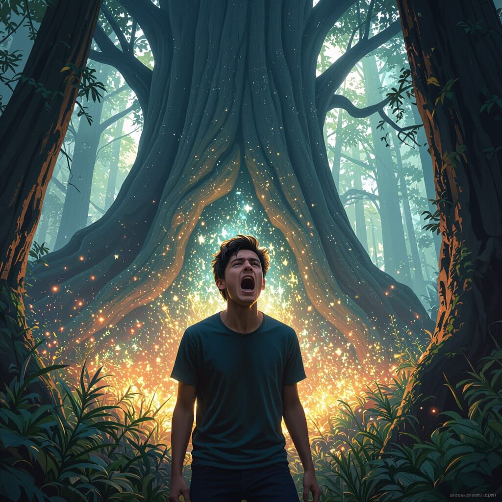 Man Screaming in Mysterious Forest - Fantasy Art