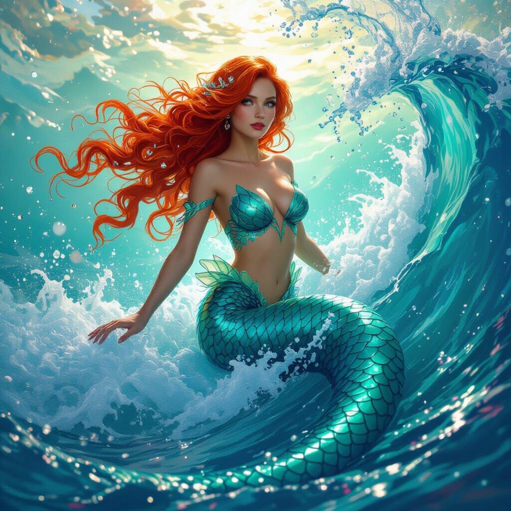 Redhead Mermaid in Wave, Fantasy Concept Art