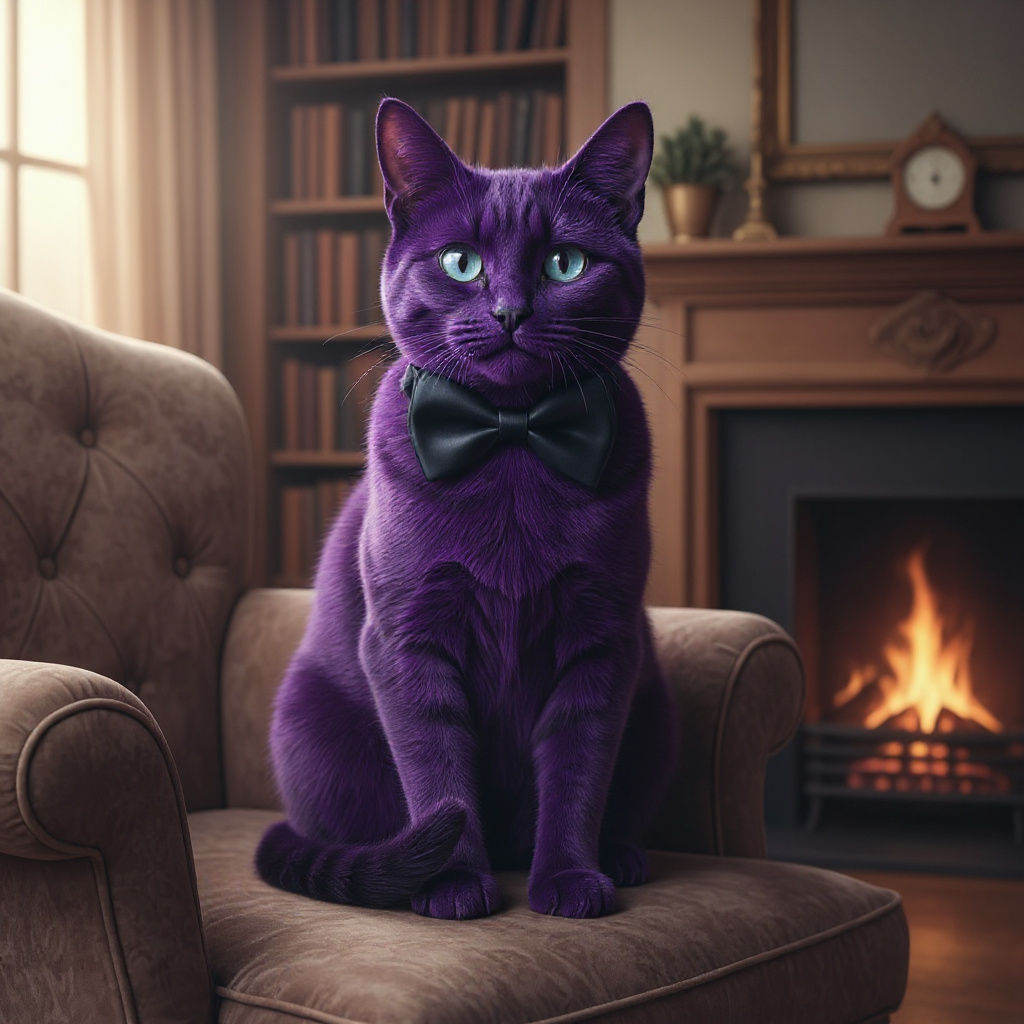 Cute Purple Cat Wearing a Black Bow
