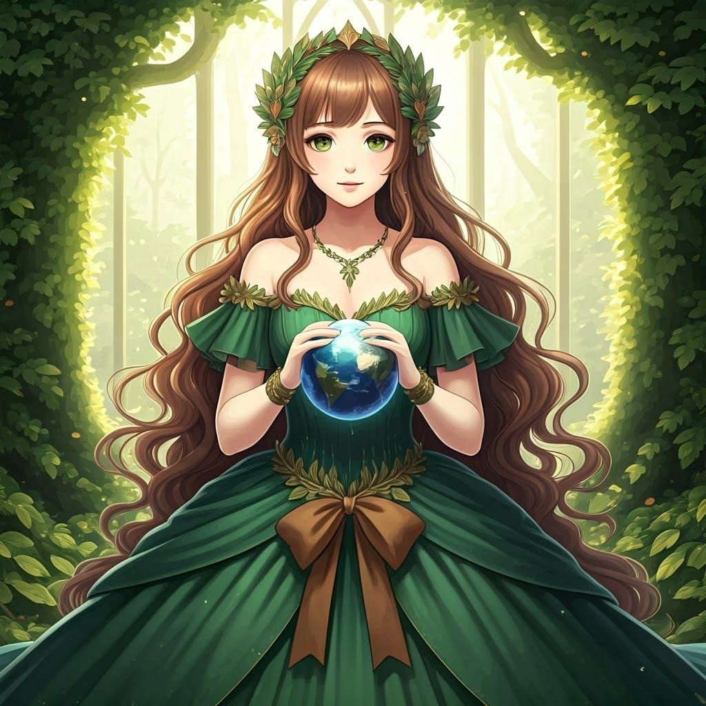 Anime Nature Queen with Earth in Woodland Palace