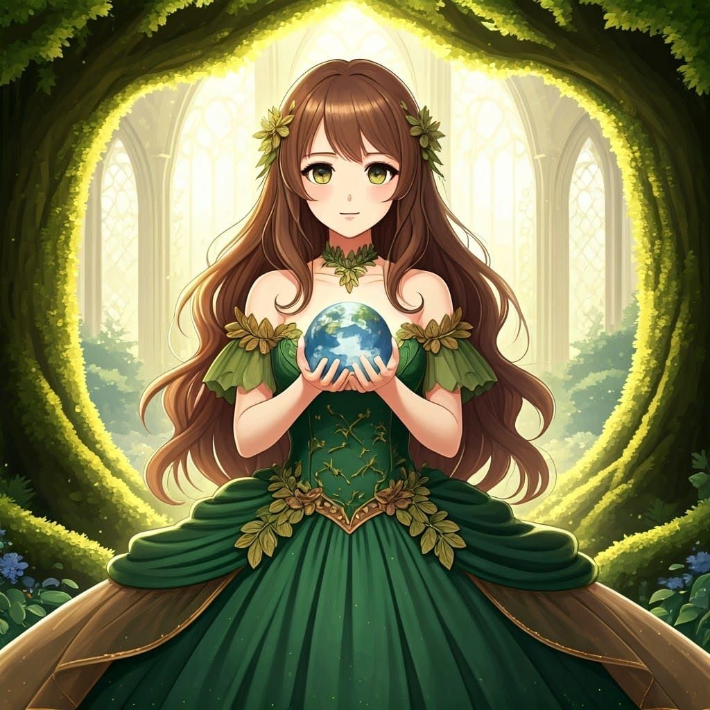 Anime Nature Queen with Earth in Woodland Palace