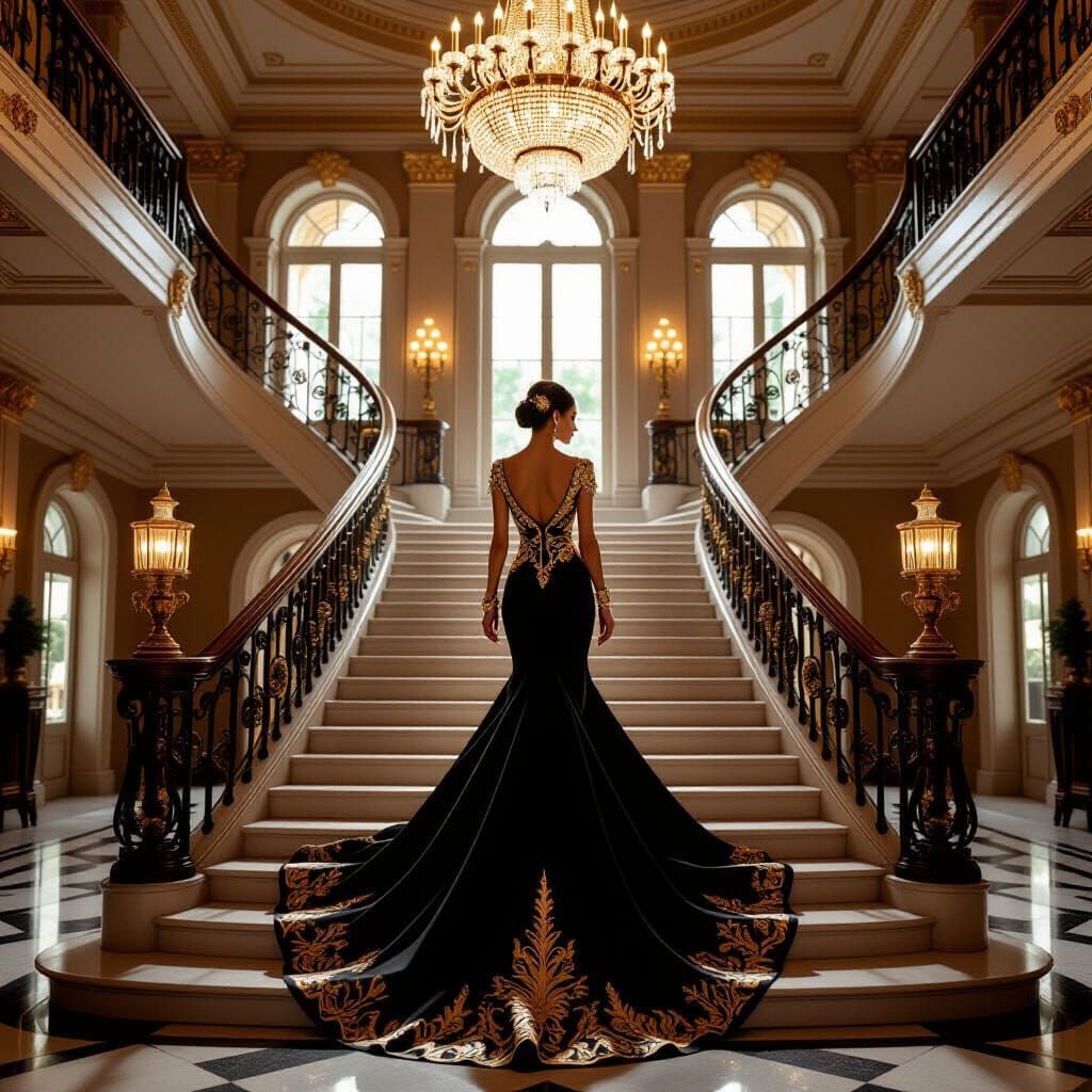 Elegant Woman Descends Grand Mansion Staircase in Gold and B...