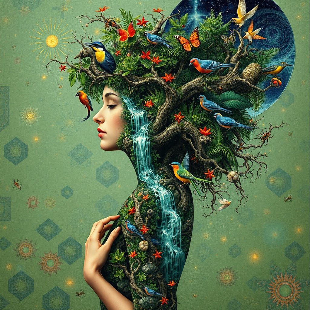 Woman with Rainforest Hair: A Surreal Bio-Art Collage