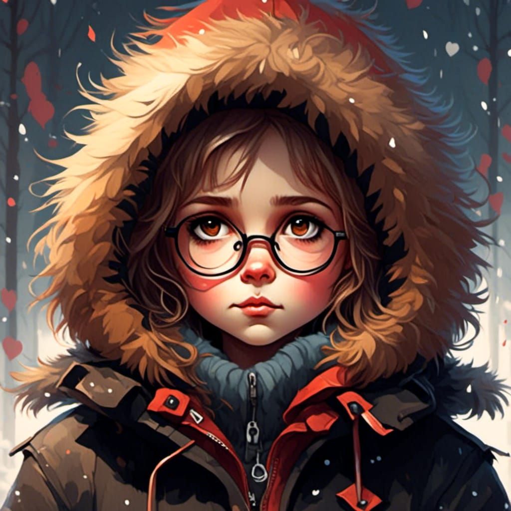 Cute Girl with Furry Hood in Aquarelle Style