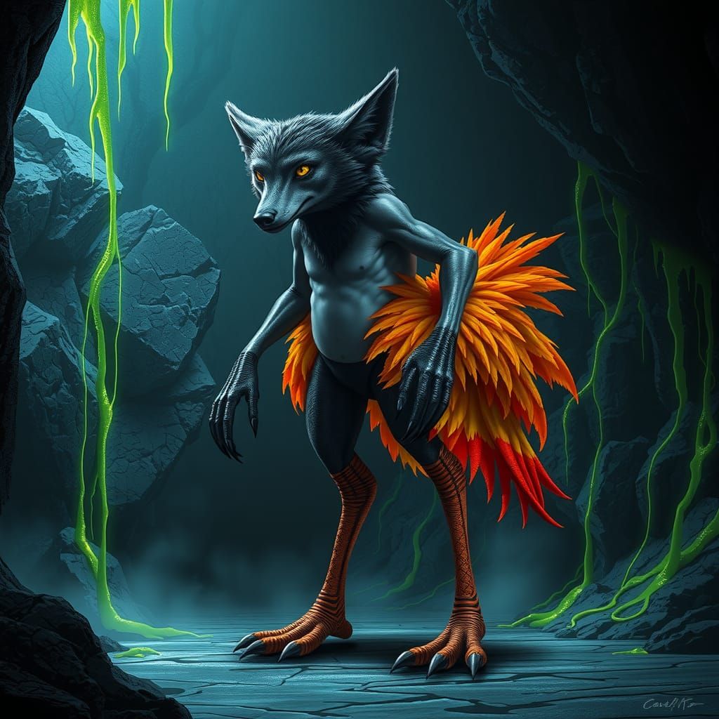 Wolf-Human-Ostrich Fusion Creature in Surreal Cavern