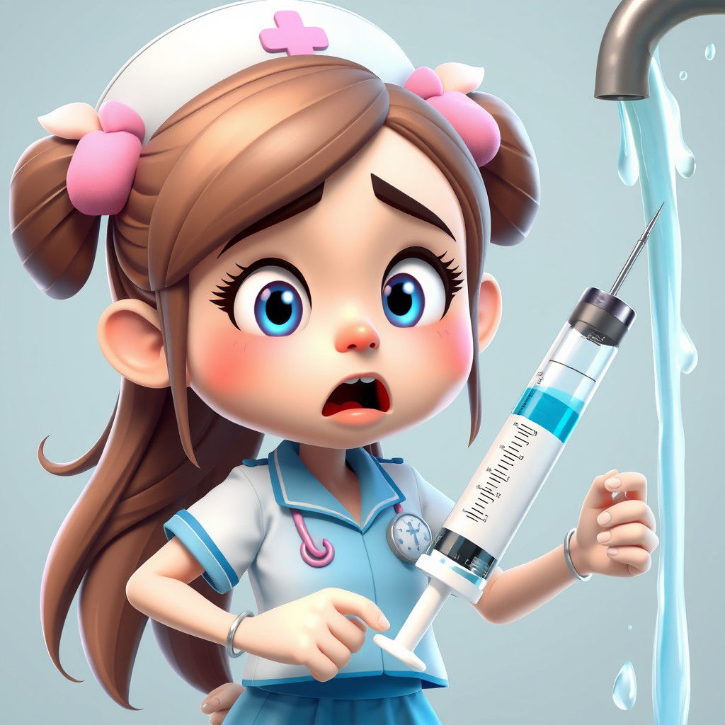 Scared Cartoon Nurse with Giant Syringe in 3D