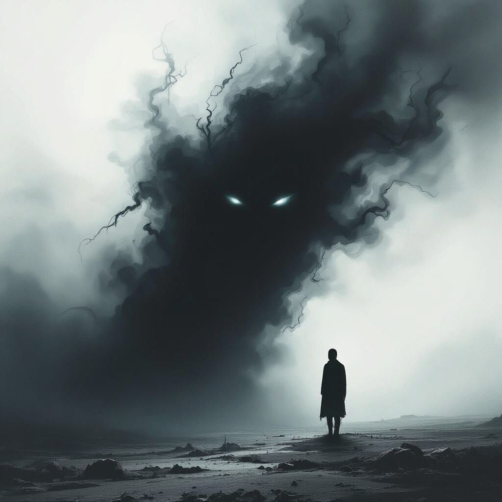 Ominous Shadows Engulf Lone Figure in Dark Art Style