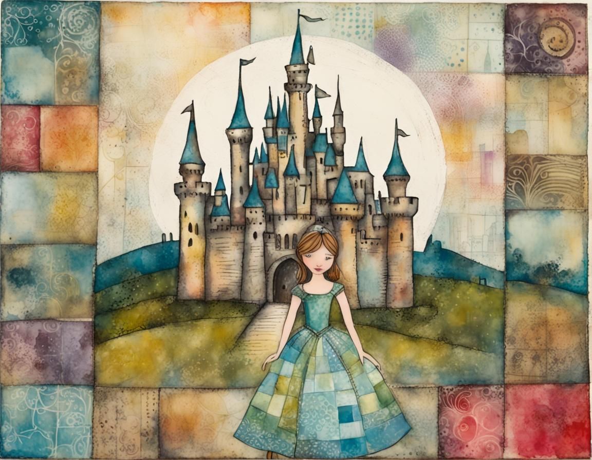 Encaustic Monotype Print of Whimsical Patchwork Princess Bef...