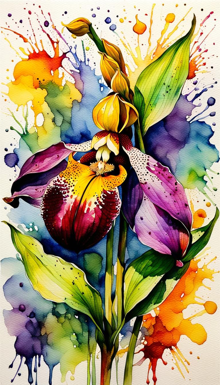 Vivid Watercolor Painting of Cypripedium Calceolus