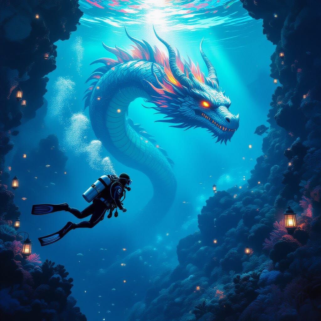Underwater Dragon Spirit in Bioluminescent Abyss
