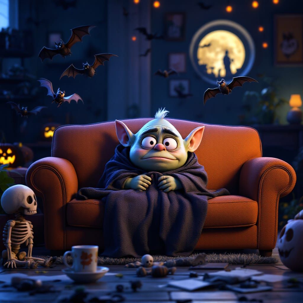 Timid Ogre Scared by Haunted House Decorations in Pixar Styl...