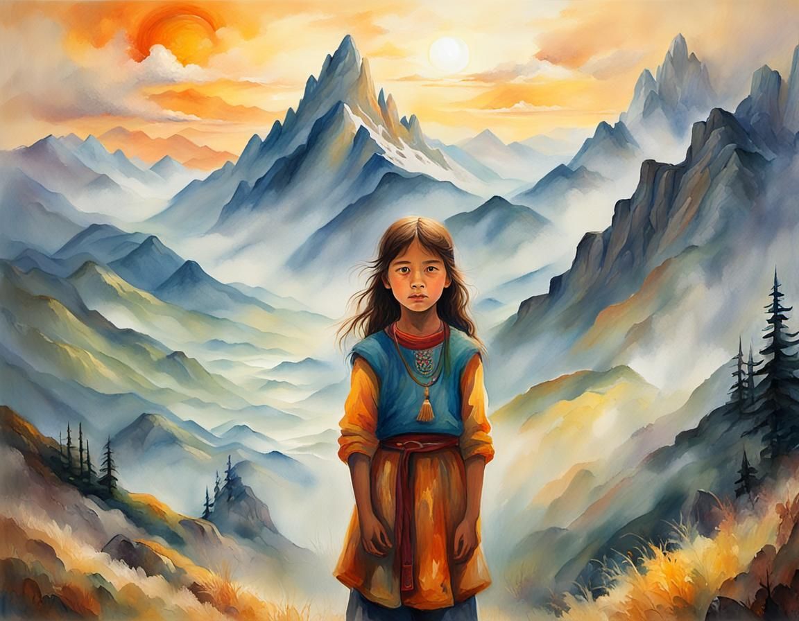 Orphan Shaman Girl in Impressionist Mountain Landscape