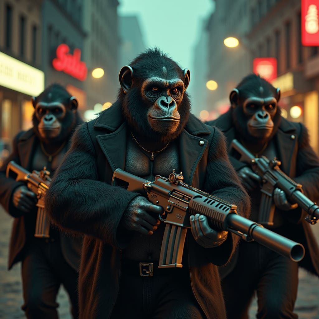 Apes in Gang Attire in Gritty Urban Scene