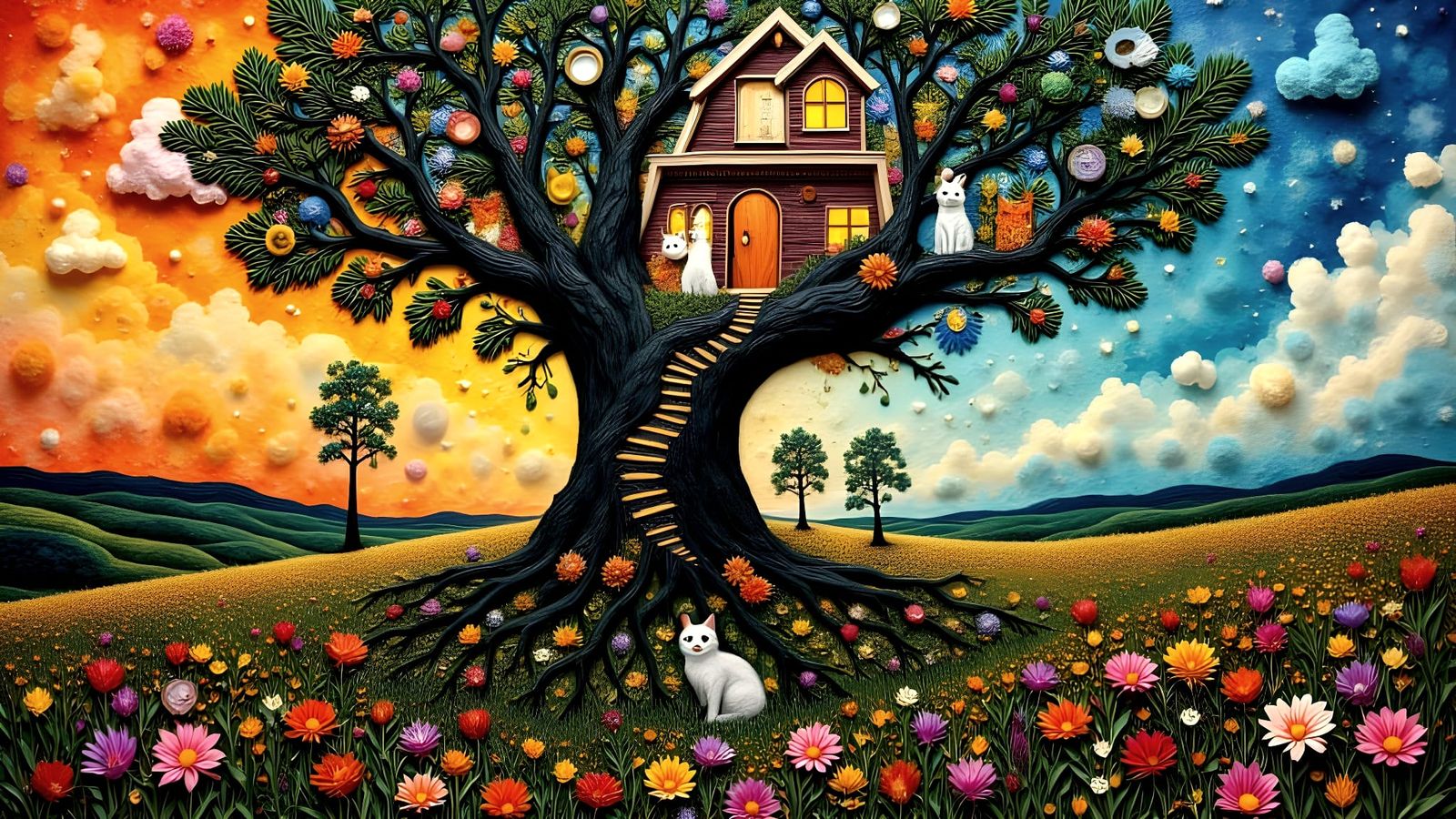 Klimt Style Cat Treehouse with Playing Cats and Cosmic Art