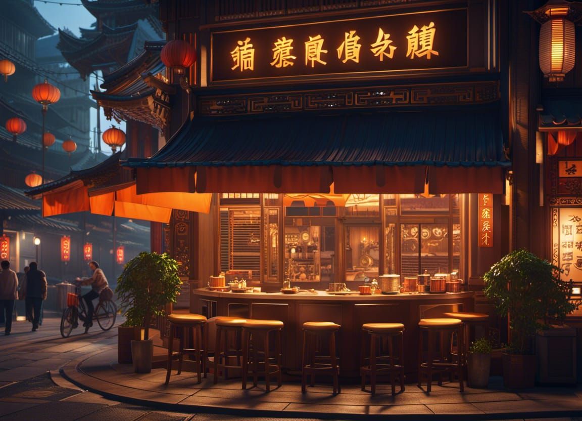 Vibrant Chinese Cafe at Night: Digital Art