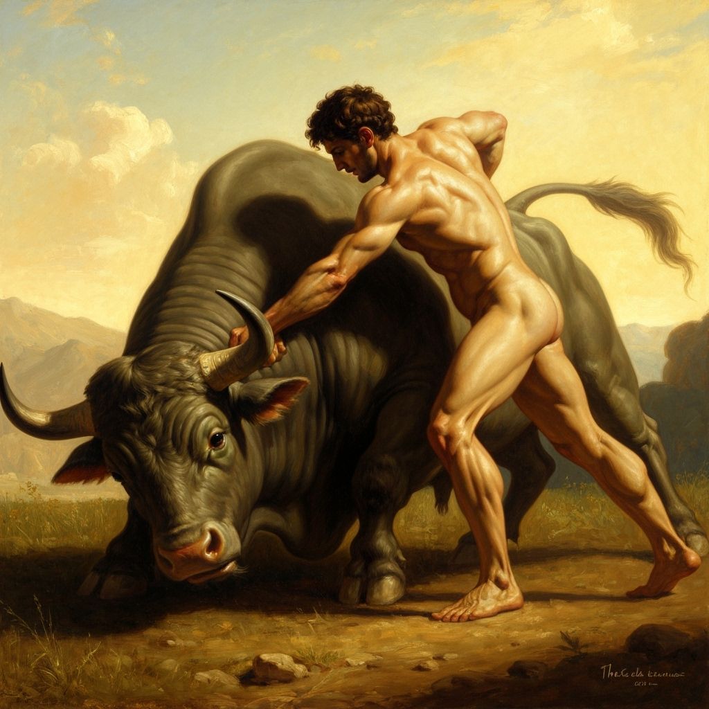 Theseus Wrestles Cretan Bull in Classical Oil Painting Style