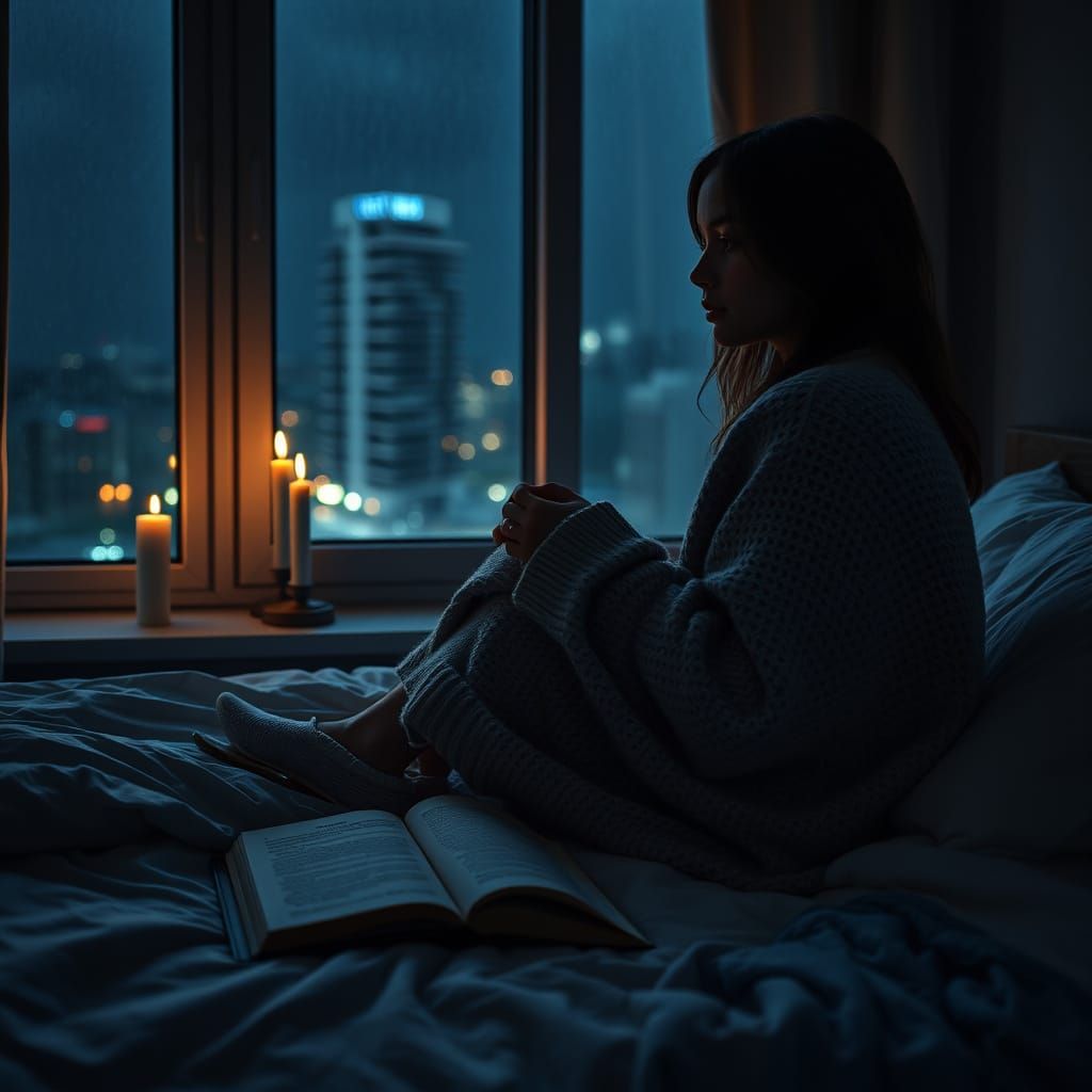 A Young Woman's Bittersweet Longing in a Moonlit Bedroom