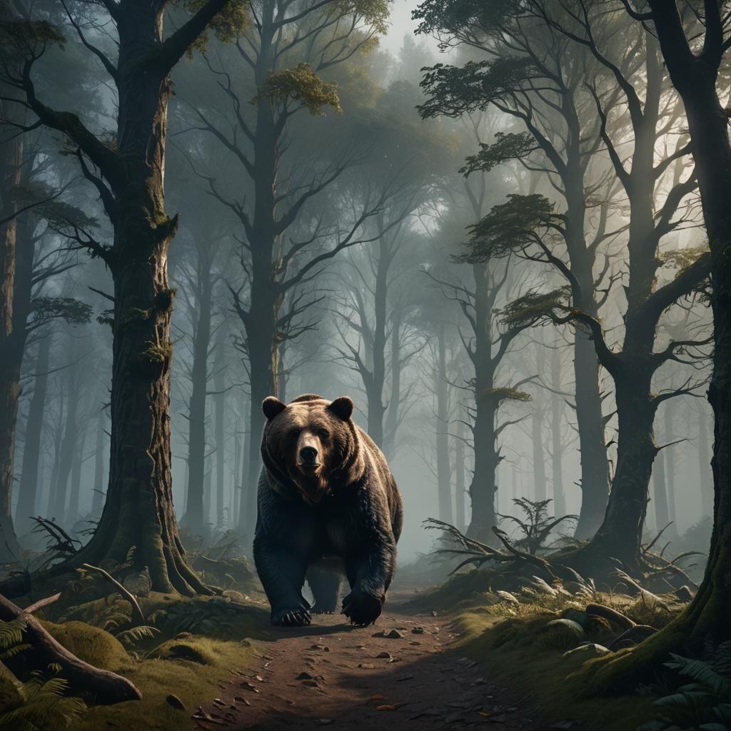 Gloomy Forest: Bear Enters Path in Detailed Matte Painting