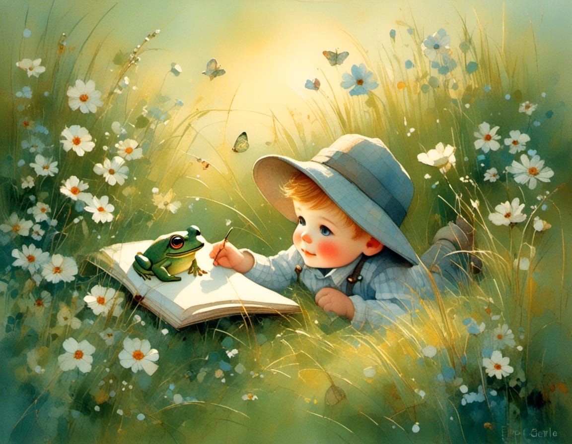 Boy and Frog in Field, Vintage Children's Book Style