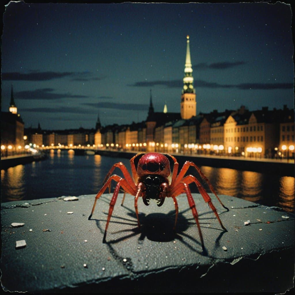 Ruby-Gold Spider at Night in Lomography Style