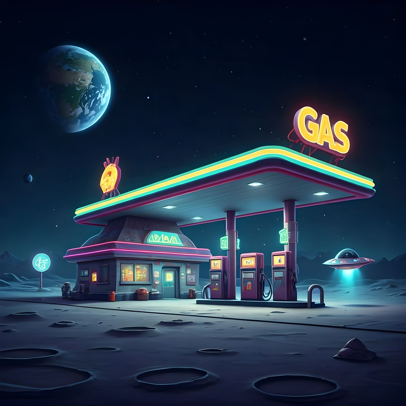 Futuristic Gas Station on the Moon in Whimsical Style