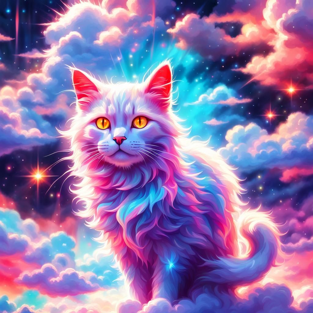 Holographic Neon Cat in Divine Sunshine