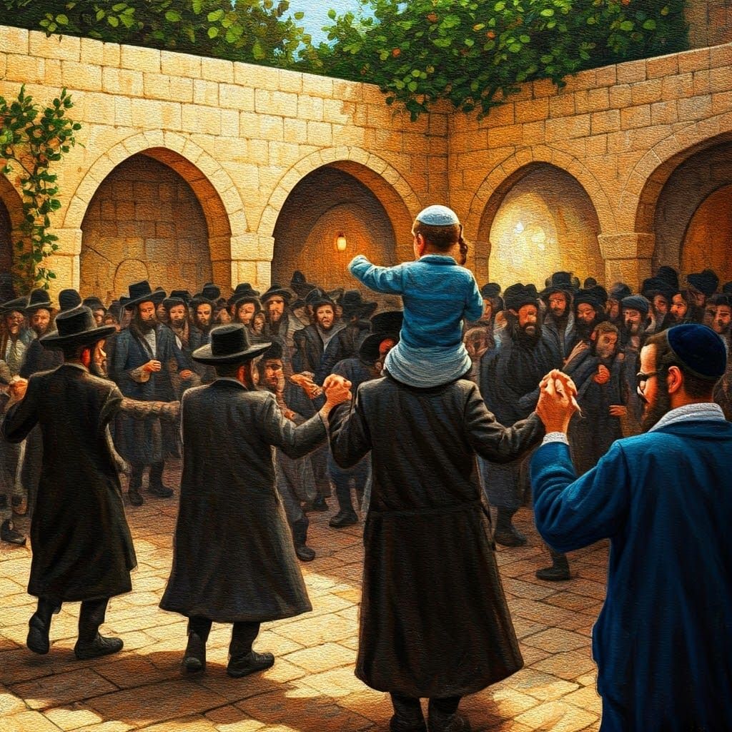 Dancing Jews Celebrate Omer in Vibrant Courtyard Scene
