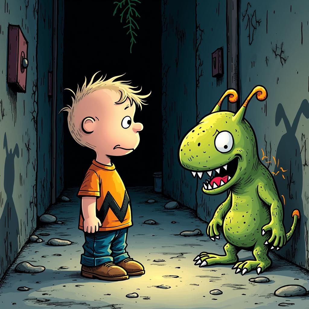 Peanuts Child and Playful Monster in Eerie Alleyway