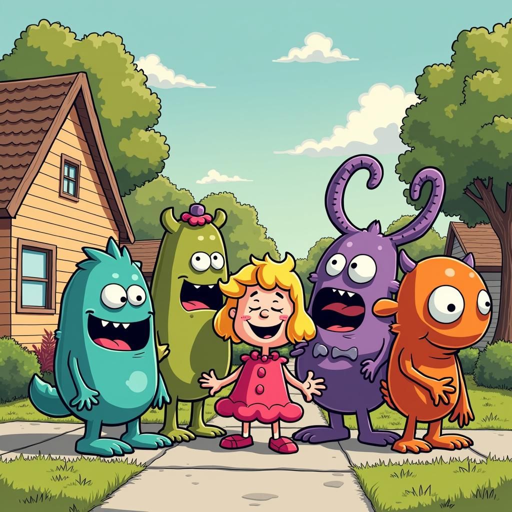 Whimsical Monsters in Nostalgic Cartoon Landscape