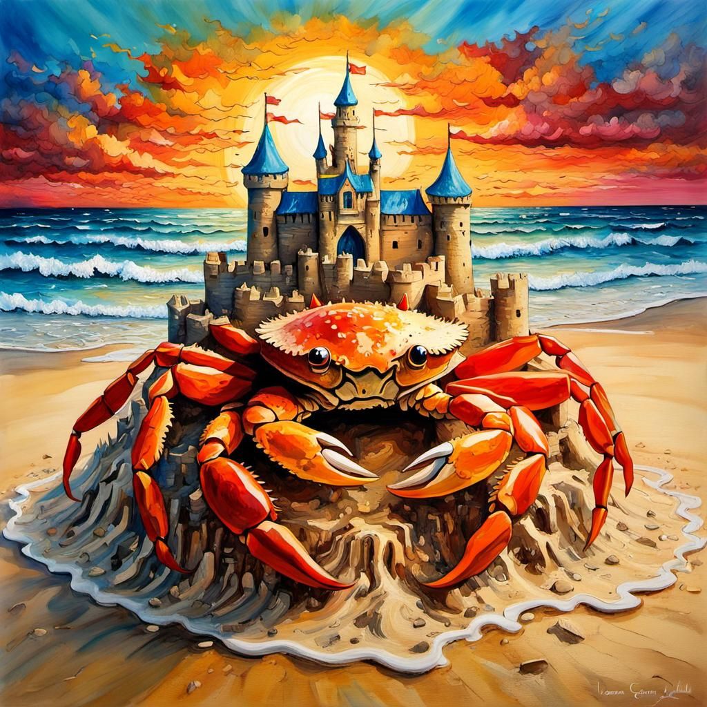 Crab on Sandcastle: Encaustic Alcohol Ink Beach Scene
