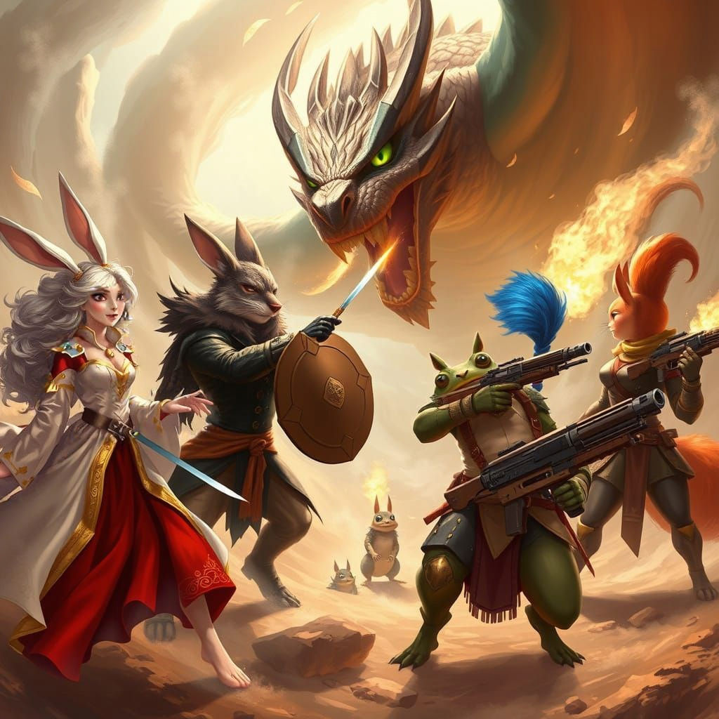 Fantasy Adventurers Battle a Majestic Dragon in Ethereal Fan...