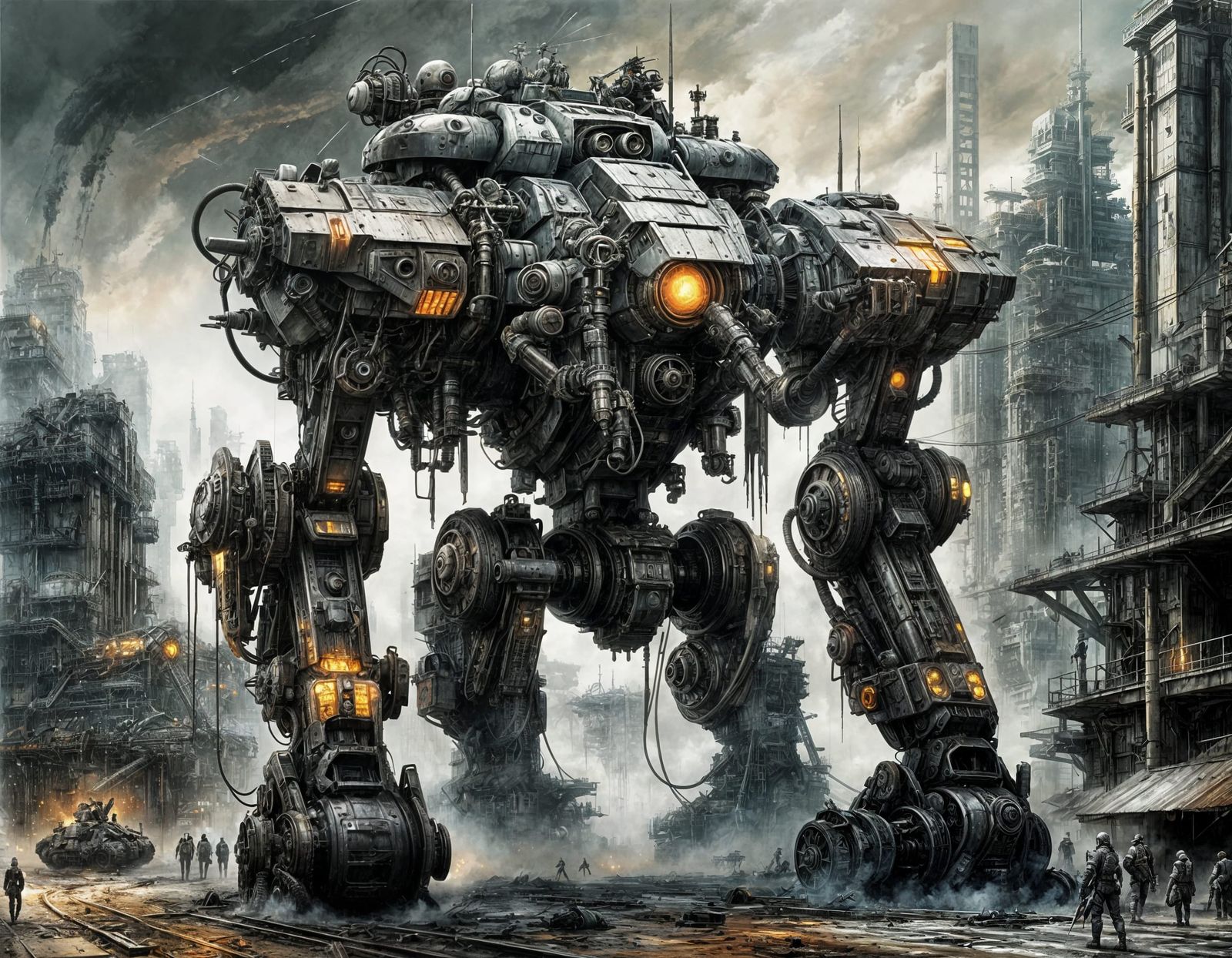 Mecha in Grim Dark Dystopia, Airbrush Art Style