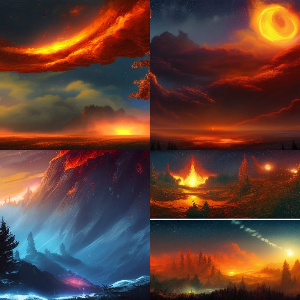 Forest Fire Under Starry Sky, Detailed Matte Painting