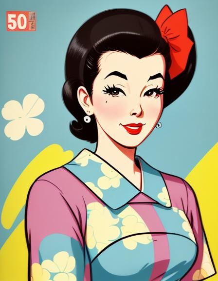 Cheerful 50s Housewife Portrait in Cartoon Style