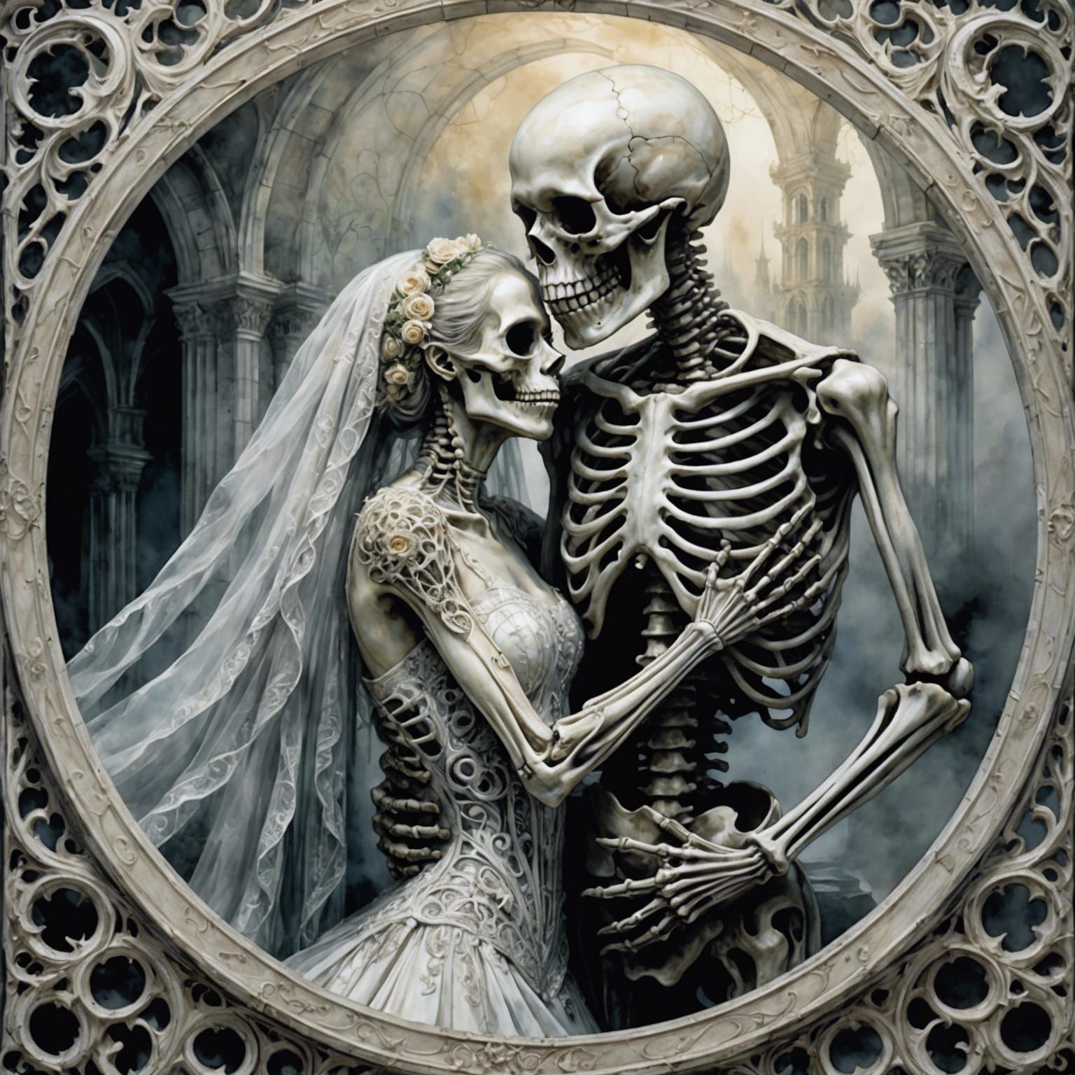 Watercolor Skeleton Bride and Groom Embrace