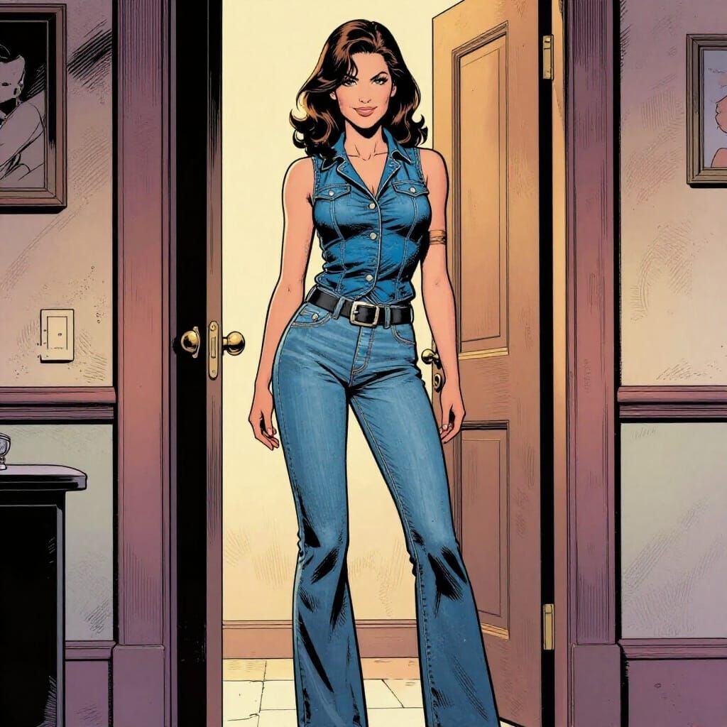 Woman in Denim Posing in Doorway Comic Style