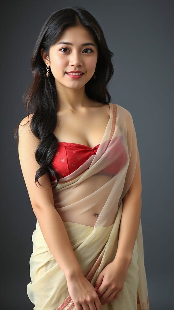 Elegant Korean Woman in Translucent Saree Portrait