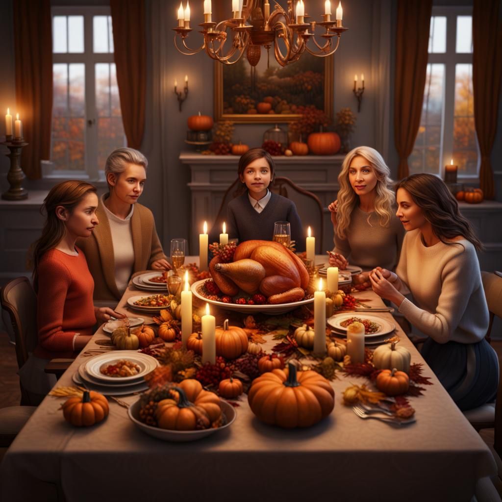 Thanksgiving Family Dinner in Hyperrealistic Surrealism