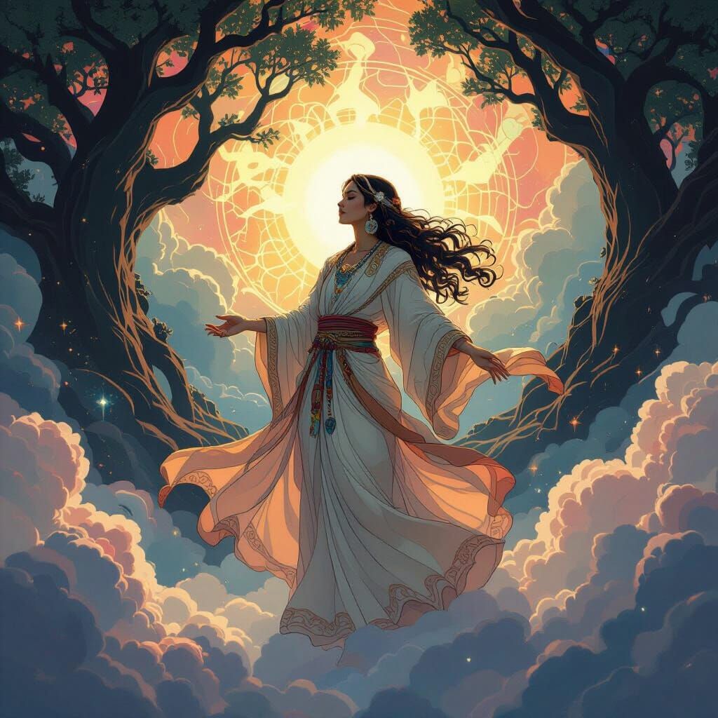 Celestial Shaman Dancing in Nebula Clouds, Art Nouveau Style