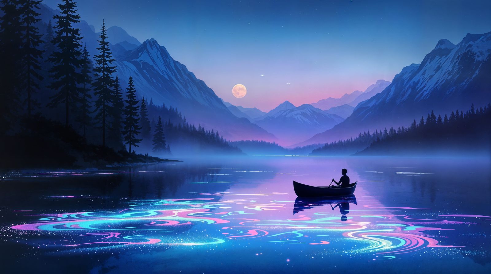 Serene Impressionistic Lake Scene with Bioluminescent Water