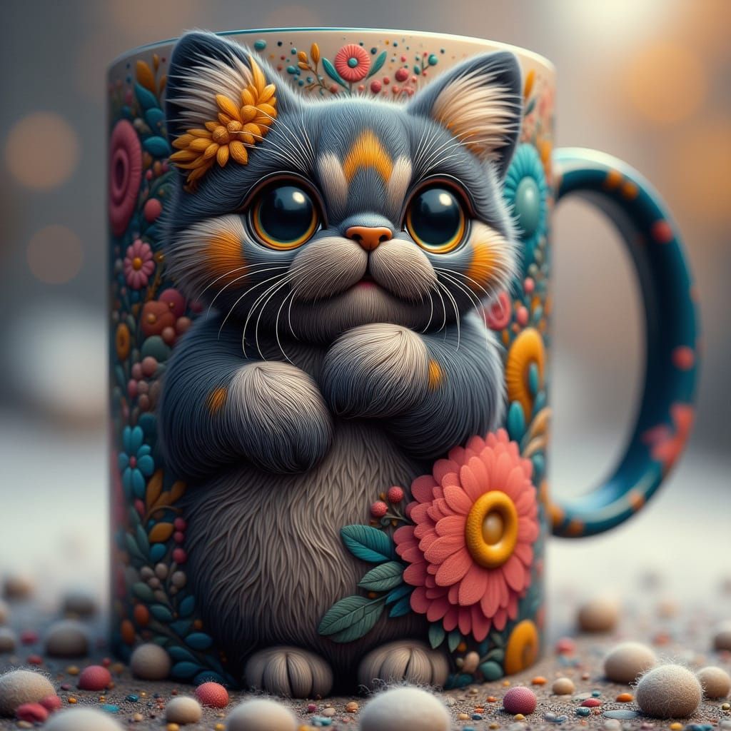 Ultra Cute Cartoon Cat in Hyperrealistic Mug
