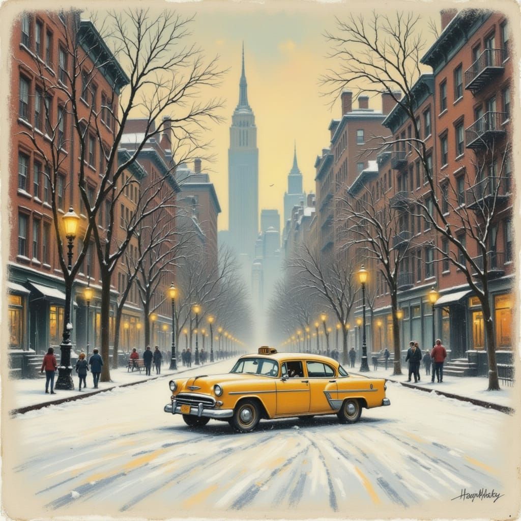 Vintage NYC Winter Scene Poster with Yellow Taxi