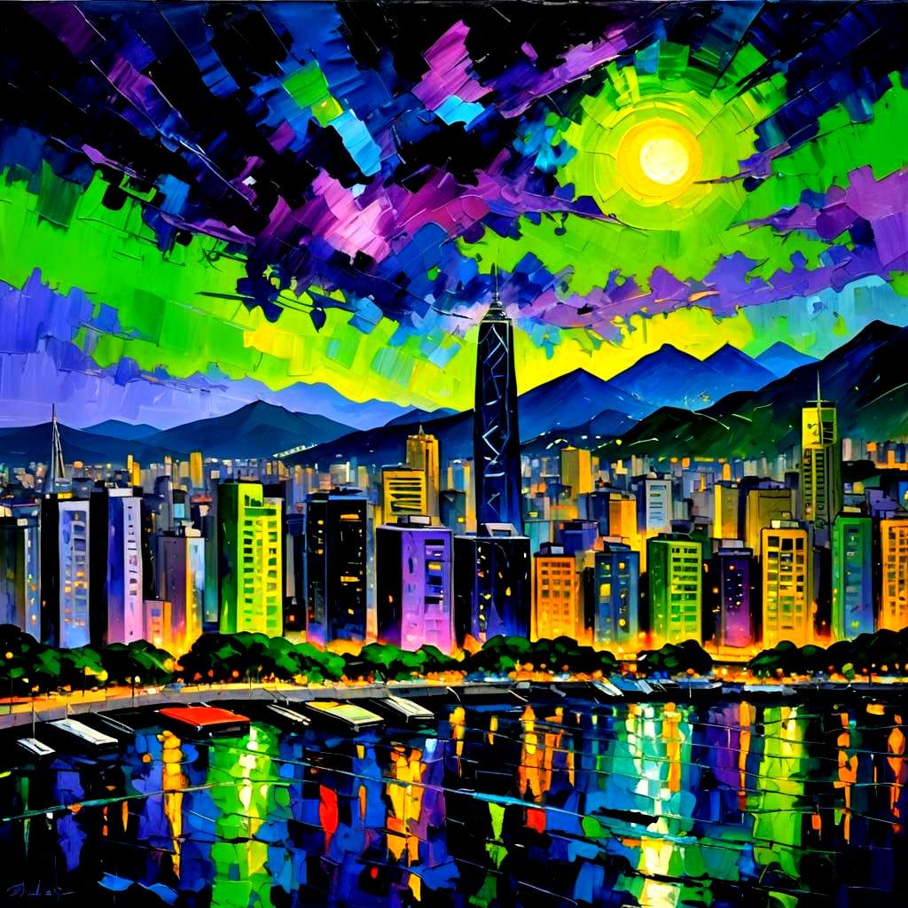 Rio de Janeiro Nightscape in Expressionist Impasto Style