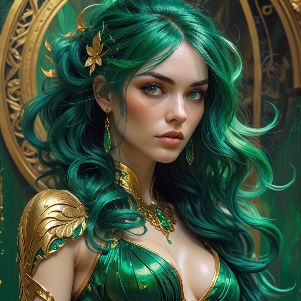 Green Haired Woman in Vibrant Oil Splash Art