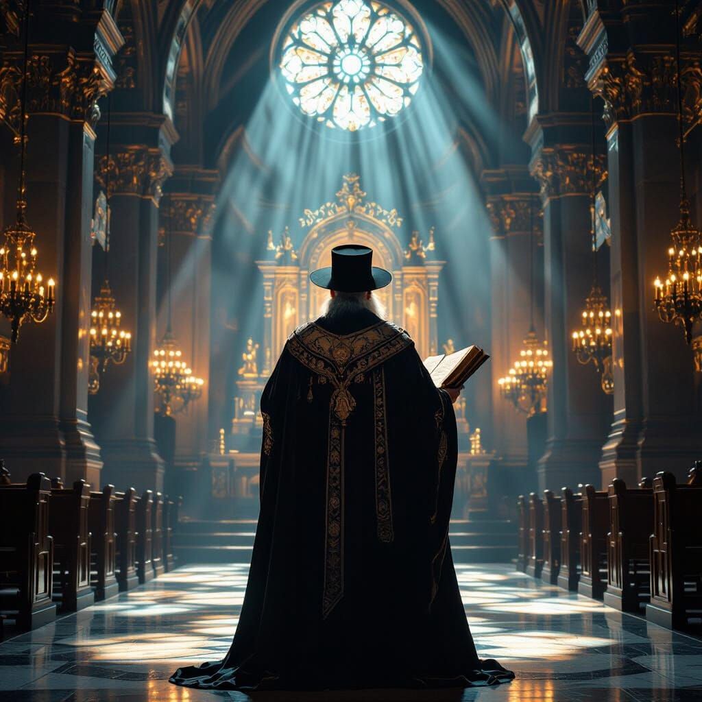 Rabbi Before Ornate Synagogue in Dramatic Light Painting Sty...